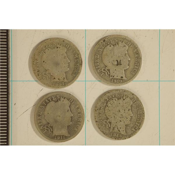 1907-S, 10, 11-D & 1914-D SILVER BARBER DIMES