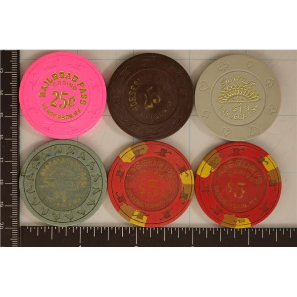 6 PLASTIC CASINO GAMING CHIPS, 2-25 CENT, 2-$1 &