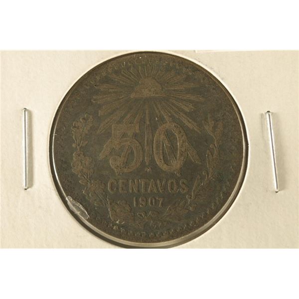 1907 MEXICO SILVER "CAP & RAY" 50 CENTAVOS