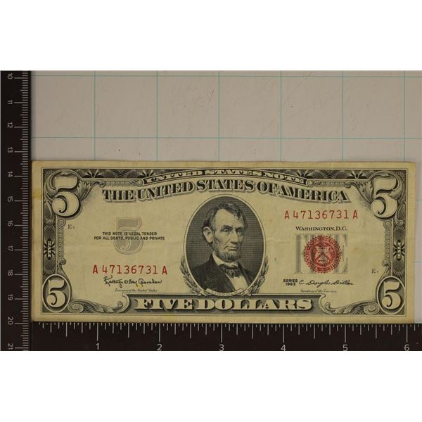 1963 US $5 RED SEAL NOTE SOME SLIGHT STAINING