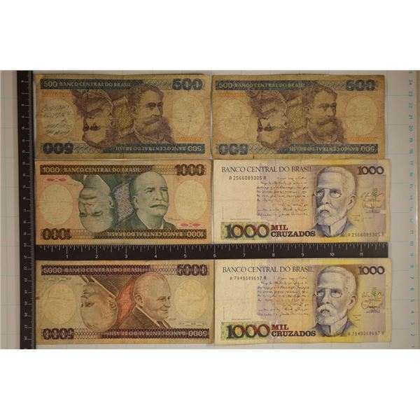 6 BANK OF BRAZIL BILLS, 2-500 CRUZEIROS (1 WITH