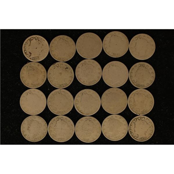 20 ASSORTED LIBERTY "V" NICKELS 1889-1912