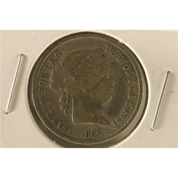 1866 SPAIN SILVER 40 CENT COIN .1352 OZ. ASW