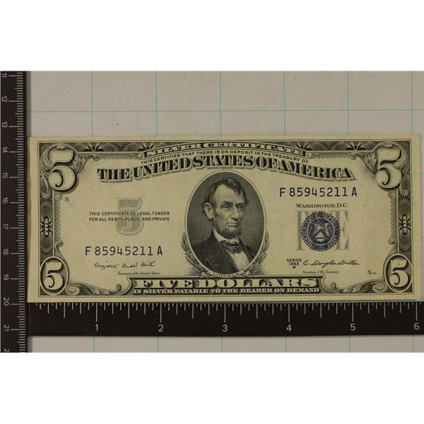 1953-B US $5 SILVER CERT, BLUE SEAL CRISP