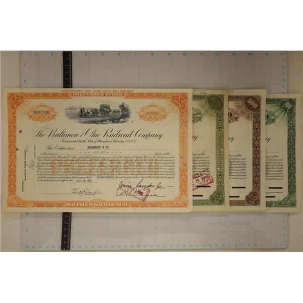 4 ASSORTED VINTAGE RAILROAD STOCK CERTIFICATES