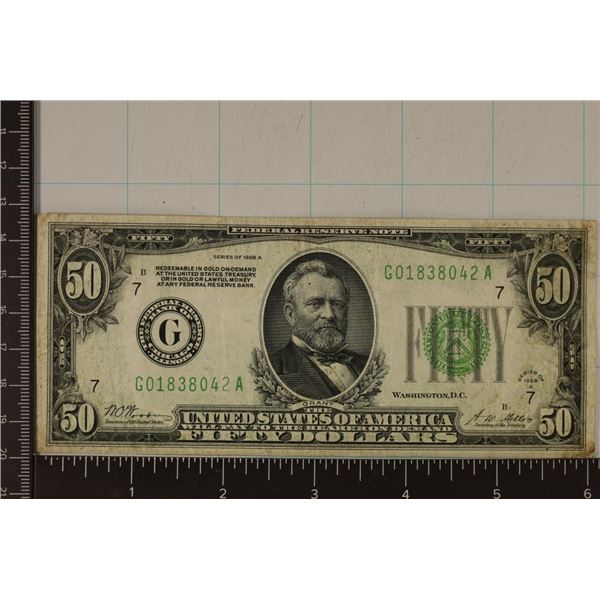 1928-A US $50 FRN, GREEN SEAL.  REDEEMABLE IN GOLD