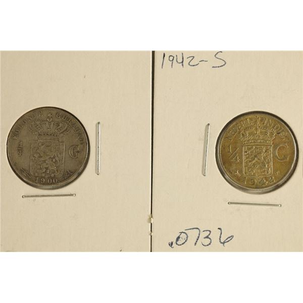 2 SILVER 1/4 GULDENS: 1900 CURACAO .0736 OZ. ASW