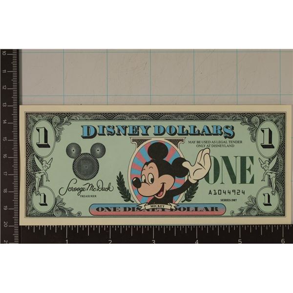 1987 DISNEY 1 DOLLAR, CRISP UNC COLORIZED BILL