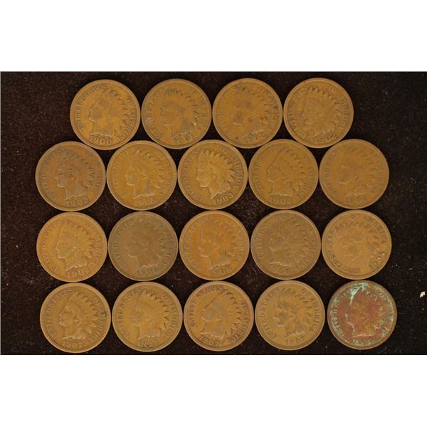 19 ASSORTED INDIAN HEAD CENTS: 1900-1909