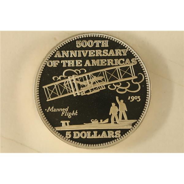 1992 BAHAMA SILVER PF 5 DOLLAR COIN "500TH