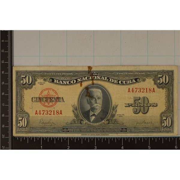 1950 CUBA 50 PESO BILL HAS SOME STAINING