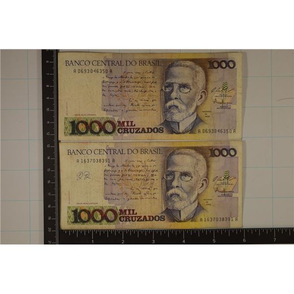 2 BANK OF BRAZIL 1000 CRUZADOS BILLS. 1 HAS INK ON
