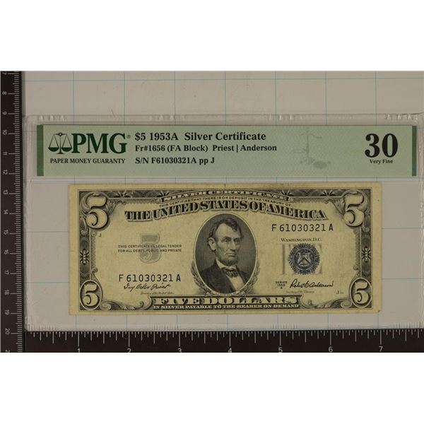1953-A US $5 SILVER CERTIFICATE PMG 30 VERY FINE