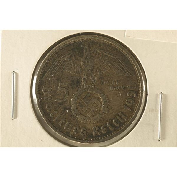 1936 GERMAN SILVER 5 MARK WITH SWASTIKA .4016