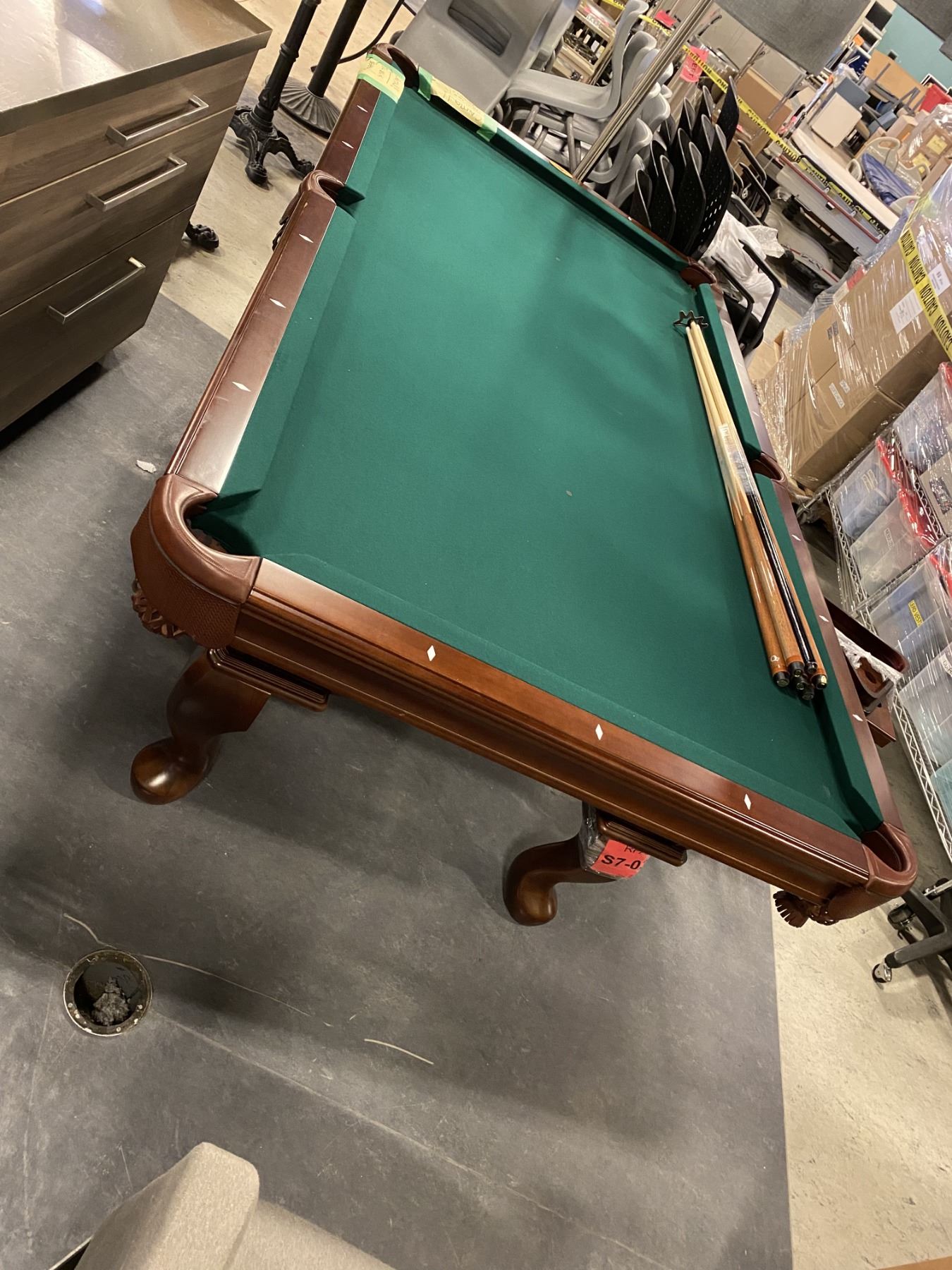 Pools table with pool cues and stand (leg broken but it is there and ...