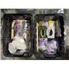 Image 1 : 2 Bin lot - Misc items - Latex gloves, zap straps, displays, paper towels, cutting board