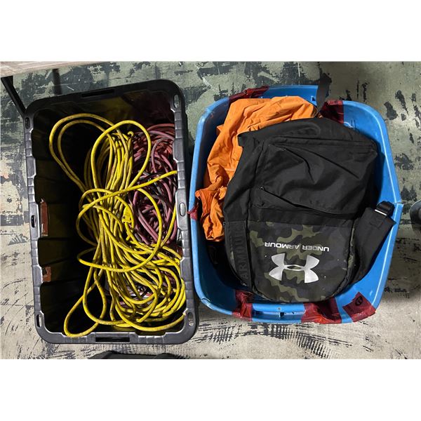 Bin lot - x2 bins containing extension cords, boat essentials kit, jackets, copper wiring , backpack