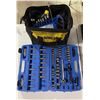 Image 1 : Group lot - DeWalt contractor bag w/ misc tools and jumper cables - Mastercraft socket set w/ hardca