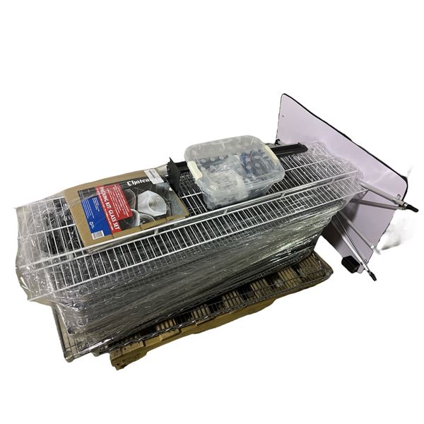 Pallet lot - Misc wire racking - glass packing kit - plastic parts for ...