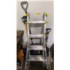 Image 1 : Group lot - Stanley aluminum adjustable ladder 4-18' tall - x3 snow shovels / x2 garden shovels + ad