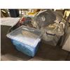 Image 1 : Under table lot - Bag of misc clothes / plastic storage bin