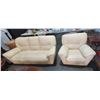 Image 1 : Set of 2 - includes cream leather couch (approx 65" W x 28" L x 32" H) & cream leather armchair (app