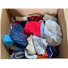 Image 2 : Group lot - 1 box w/ misc clothing - 1 metal bin w/ misc fabric - 1 plastic bin w/ misc clothing