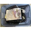 Image 4 : Group lot - 1 box w/ misc clothing - 1 metal bin w/ misc fabric - 1 plastic bin w/ misc clothing