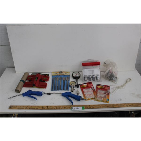 Compression Gauge, Spade Bit Set, Magnetic Folding Level, Mini Hooks, Lug Nuts, etc.