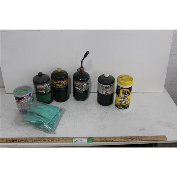 Propane Bottles, Rubber Gloves, Copper Clamps, Wipes