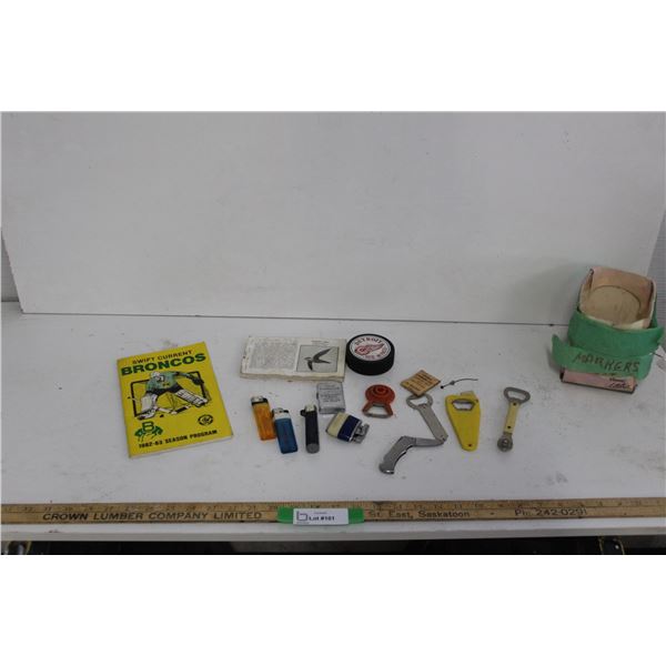 Hockey Puck, Lighters, Matches, Bottle Openers, Swift Current Broncos 1982-83 Program, Bird Book, et