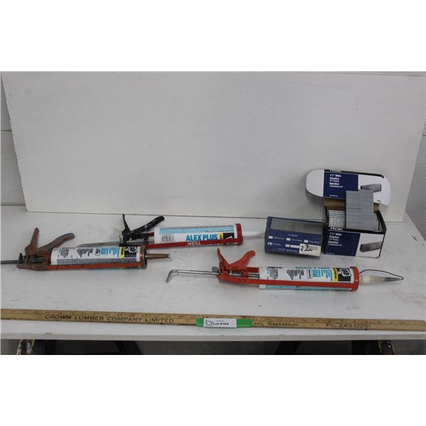 (3) Caulking Guns, (3) Partial Tubes of Caulking, Staples, Brad Nails