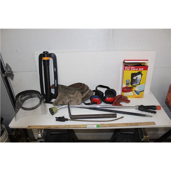 Ear Muff Protectors, Face Shield, Tool Belt, Lawn Sprinkler, Wand Sprinkler, Car Care Kit, Crowbar, 