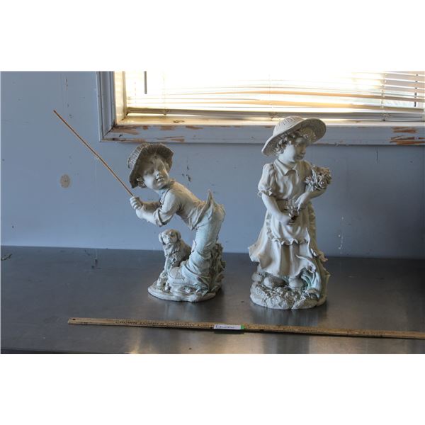 (2) Lawn Ornaments - Boy Fishing & Girl With Flowers
