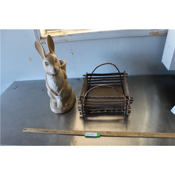Plastic Rabbit Planter, Homemade Willow Basket/Box