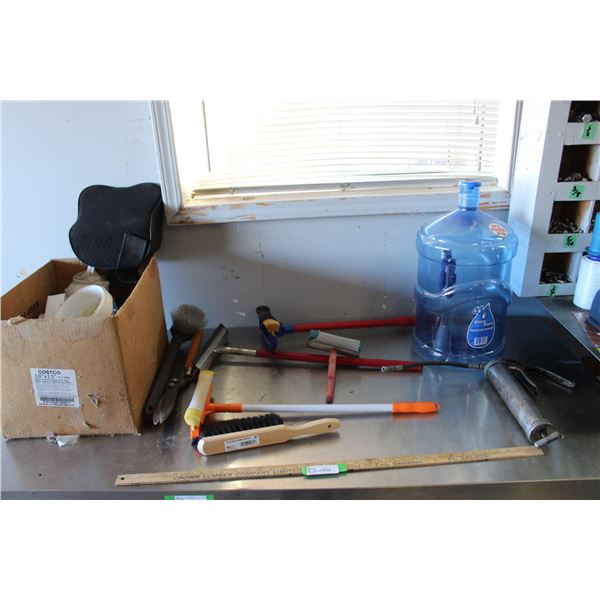 Squeegees, Hedge Clipper, Long Handled Brush, Plastic Water Container, Grease Gun, Cushion, etc.