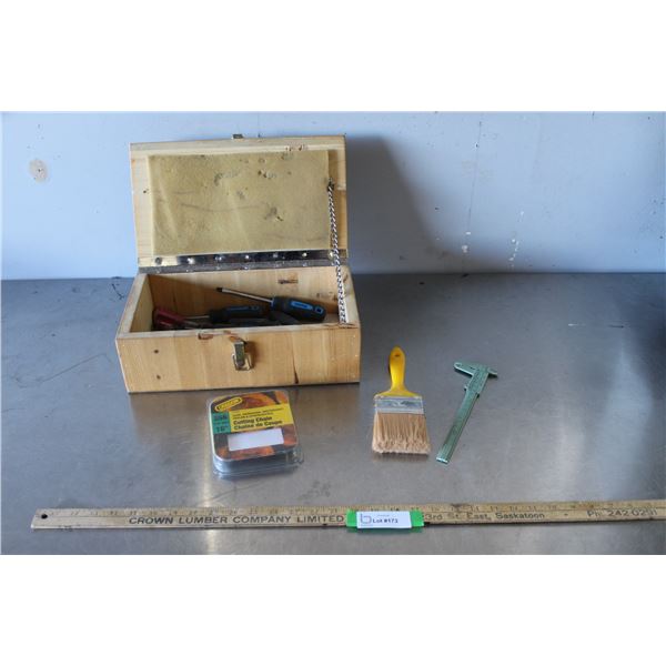 Paint Brush, Caliper, Cutting Chain, Screwdrivers, Bits, Wooden Box