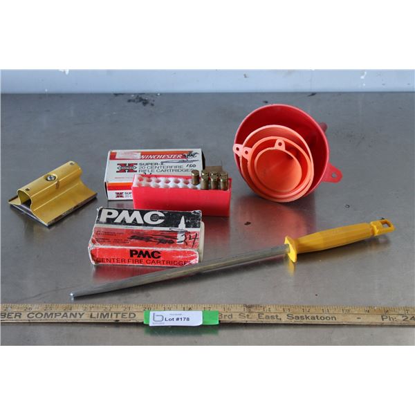 Funnels, Sanding Block, Knife Sharpener, Empty Cartridge Containers