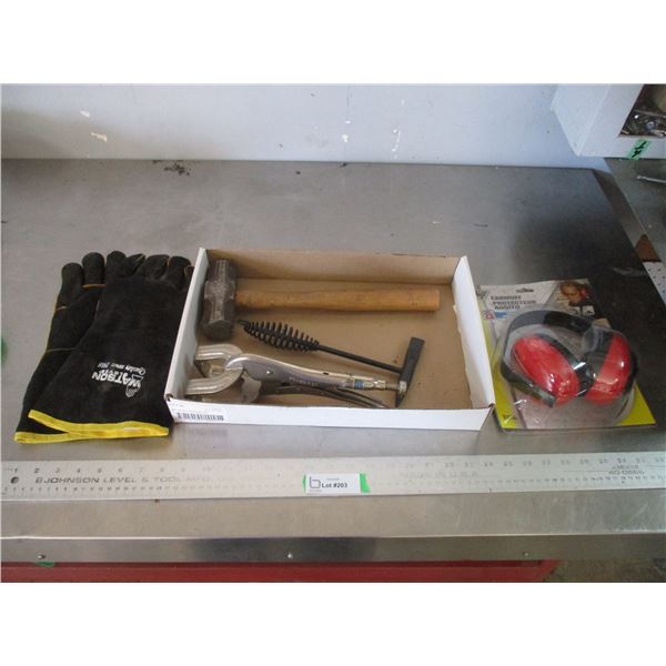 Ear Muff Protectors, Welding Gloves, Welding Hammer, Vise Grip, Heavy Hammer