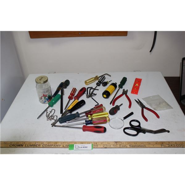 Various Hand Tools - Screw Drivers, Pliers, Side Cutters, Magnifying Glasses, Allen Keys, Level etc.