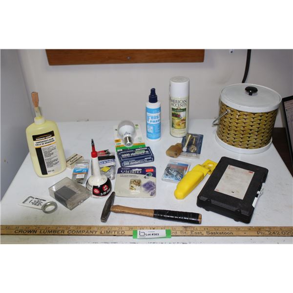 Various Items - Handyman Tack Hammer, 0Light bulb, Vintage Ice Bucket, Wood Glue, 3-in-1 Oil, Finish