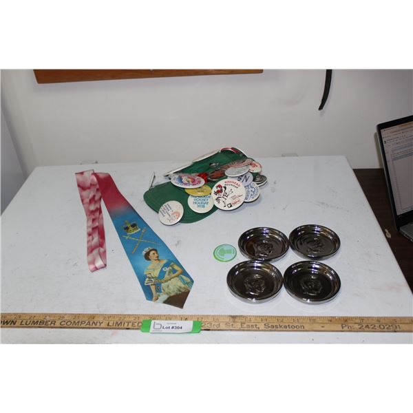 Various Buttons & Royal Q.E II Necktie, Chromed Glass Coasters