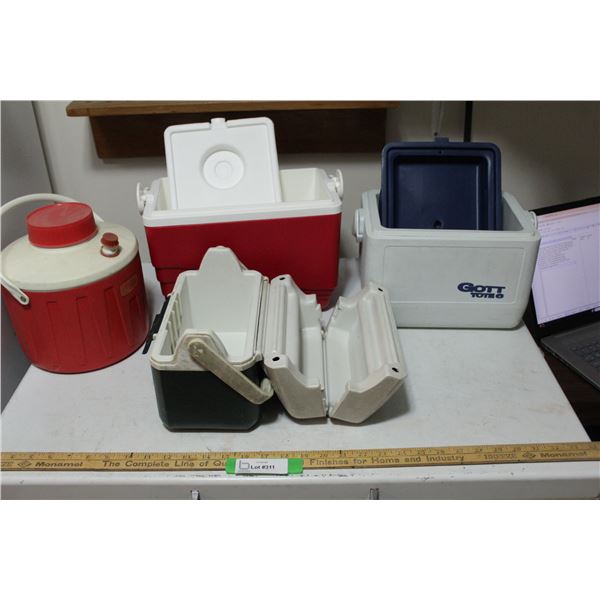(3) Small Plastic Coolers & Water Jug