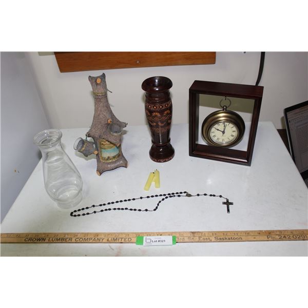 Tree Decanter w/Shot Glasses, Wooden Vase, Rosary, Oil Lantern Glass Chimney & Clock in Frame