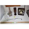 Image 1 : Tree Decanter w/Shot Glasses, Wooden Vase, Rosary, Oil Lantern Glass Chimney & Clock in Frame