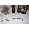 Image 6 : Tree Decanter w/Shot Glasses, Wooden Vase, Rosary, Oil Lantern Glass Chimney & Clock in Frame
