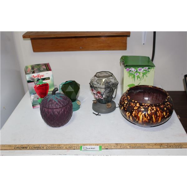 (2) Humming Bird Feeders, Strawberry Candle & Shallow Vase
