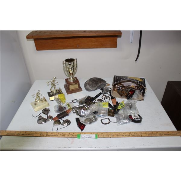 Various Leather Working Buckles & Conchos, (3) Bowling Trophies & Rock