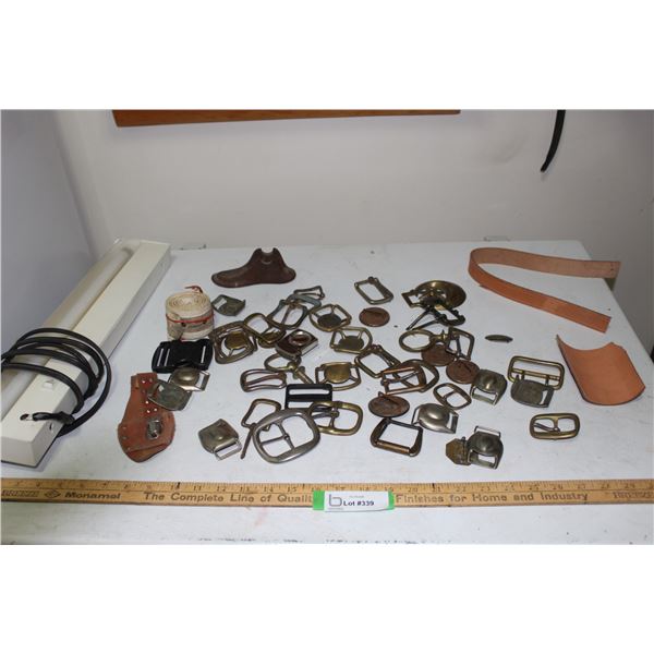 Various Leather Working/Harness Buckles, Small Cast Iron Shoe Form, Web Strap & Work Light