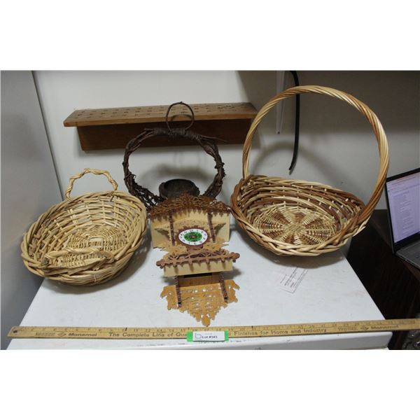 (3) Woven Baskets & Wooden Clock Housing